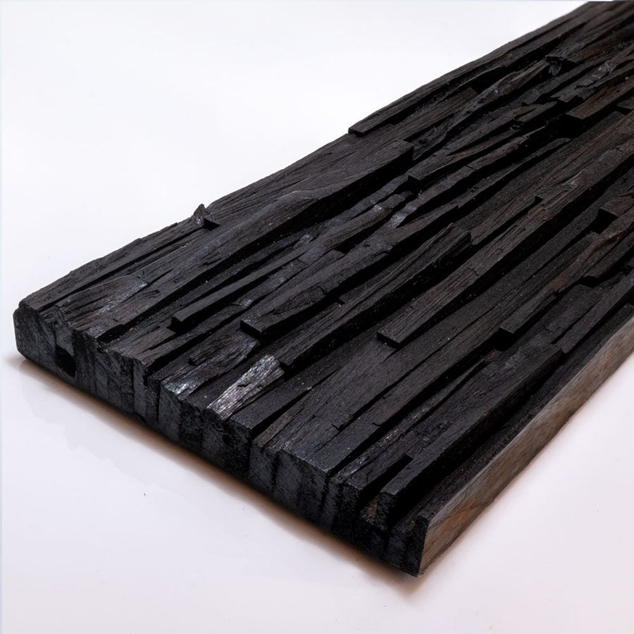 LINEAR SLIMWOOD USED FACE Split face charcoal wood panel - 15 x 60 cm