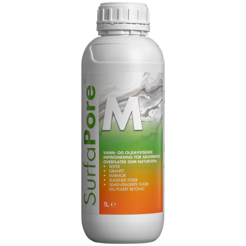 SurfaPore M impregnering – illustrasjonsbilde av 1 L emballasje; produktet selges som 0,5 L